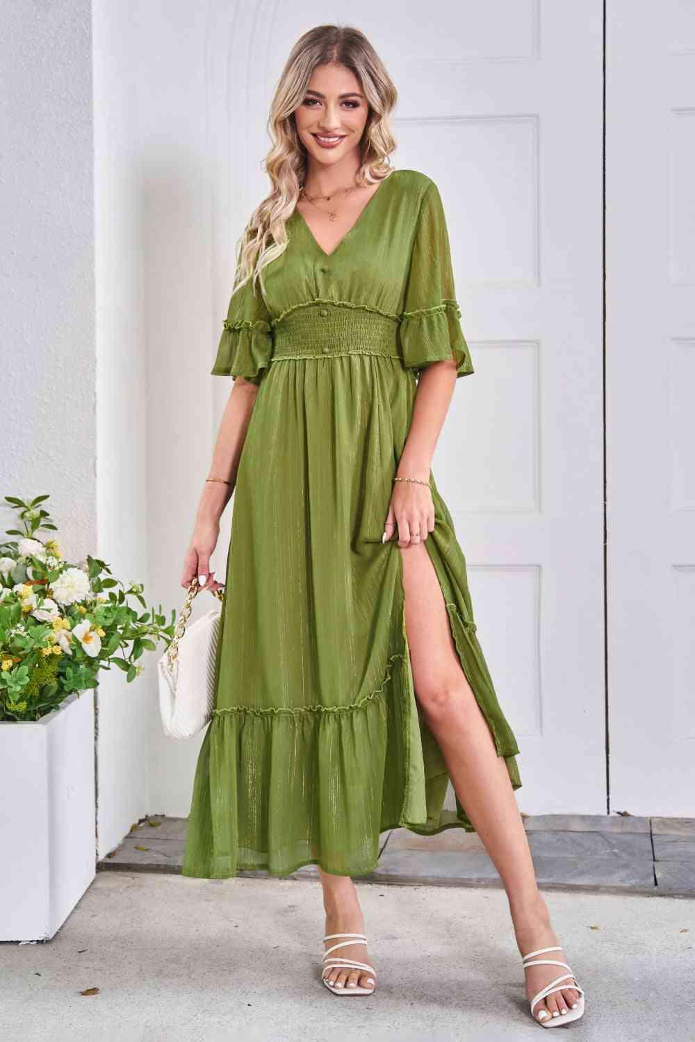 V-Neck Flounce Sleeve Smocked Waist High Slit Dress - Immenzive