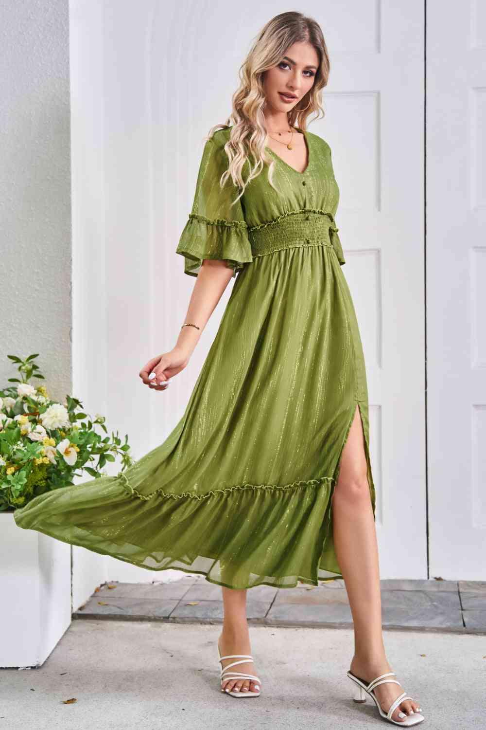 V-Neck Flounce Sleeve Smocked Waist High Slit Dress - Immenzive