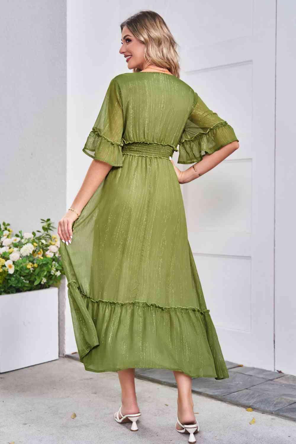 V-Neck Flounce Sleeve Smocked Waist High Slit Dress - Immenzive