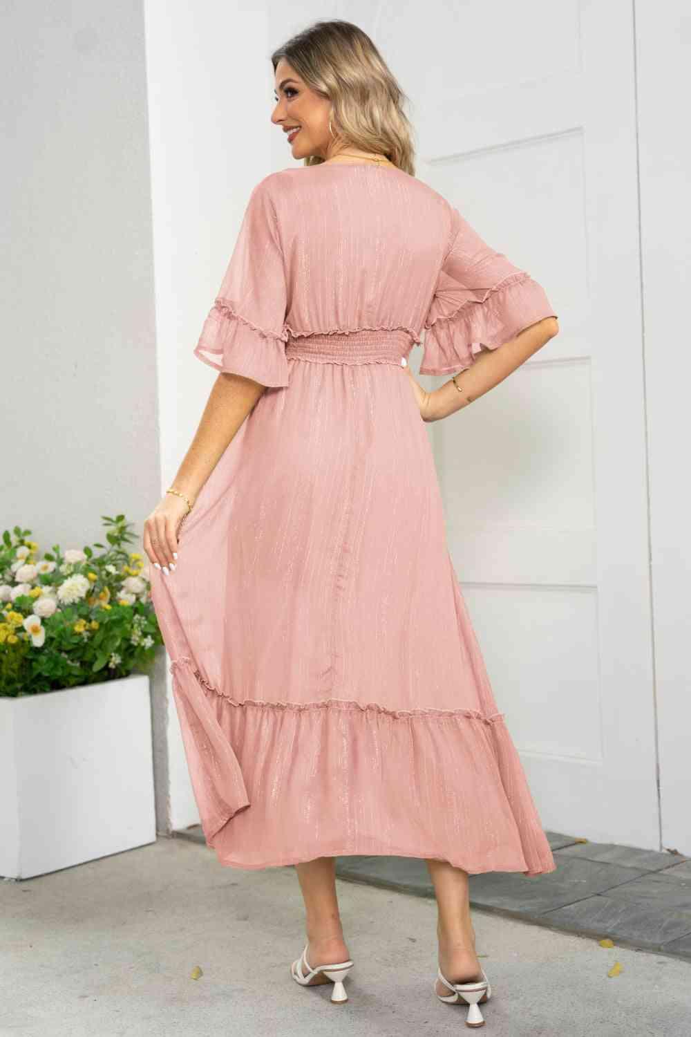 V-Neck Flounce Sleeve Smocked Waist High Slit Dress - Immenzive