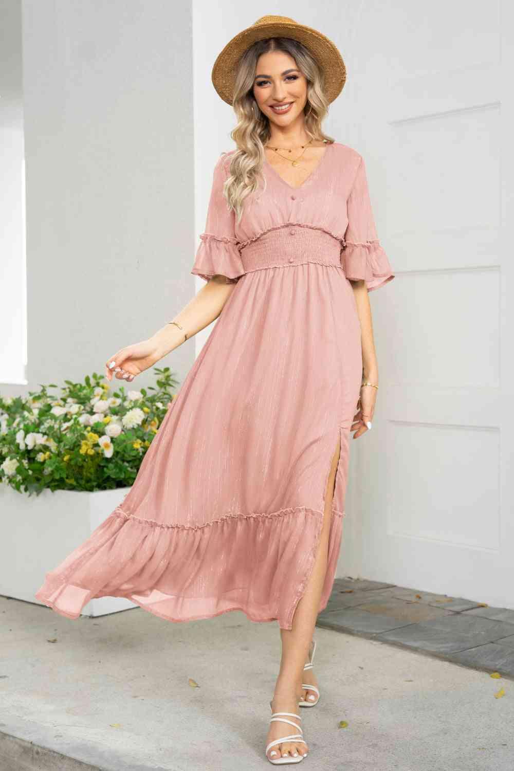 V-Neck Flounce Sleeve Smocked Waist High Slit Dress - Immenzive