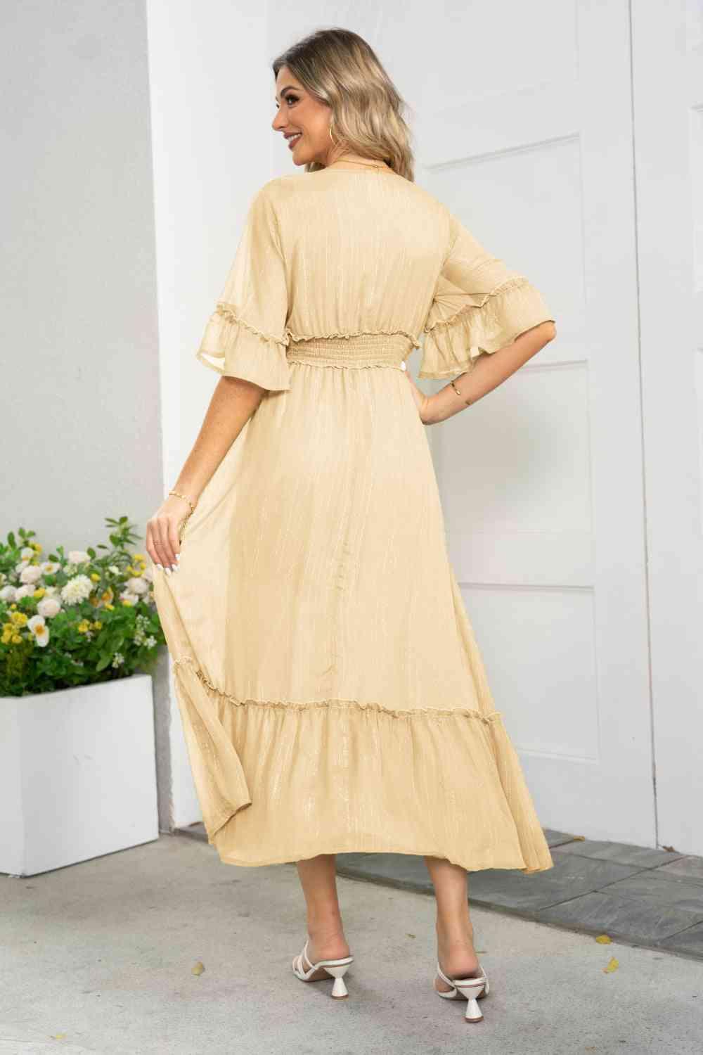 V-Neck Flounce Sleeve Smocked Waist High Slit Dress - Immenzive