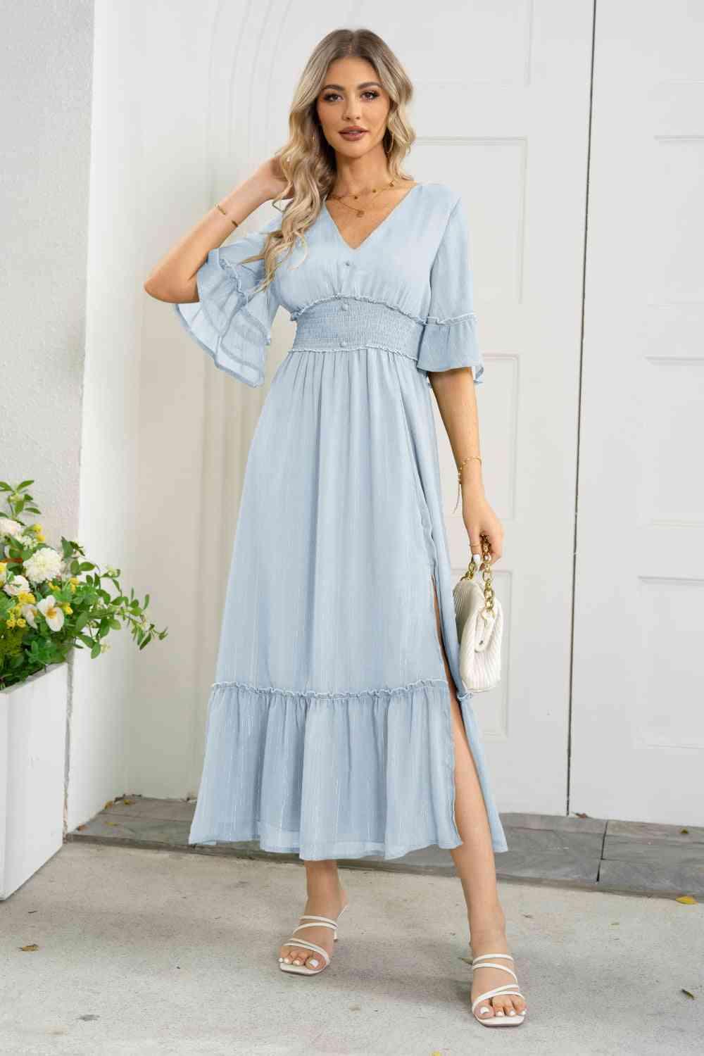 V-Neck Flounce Sleeve Smocked Waist High Slit Dress - Immenzive