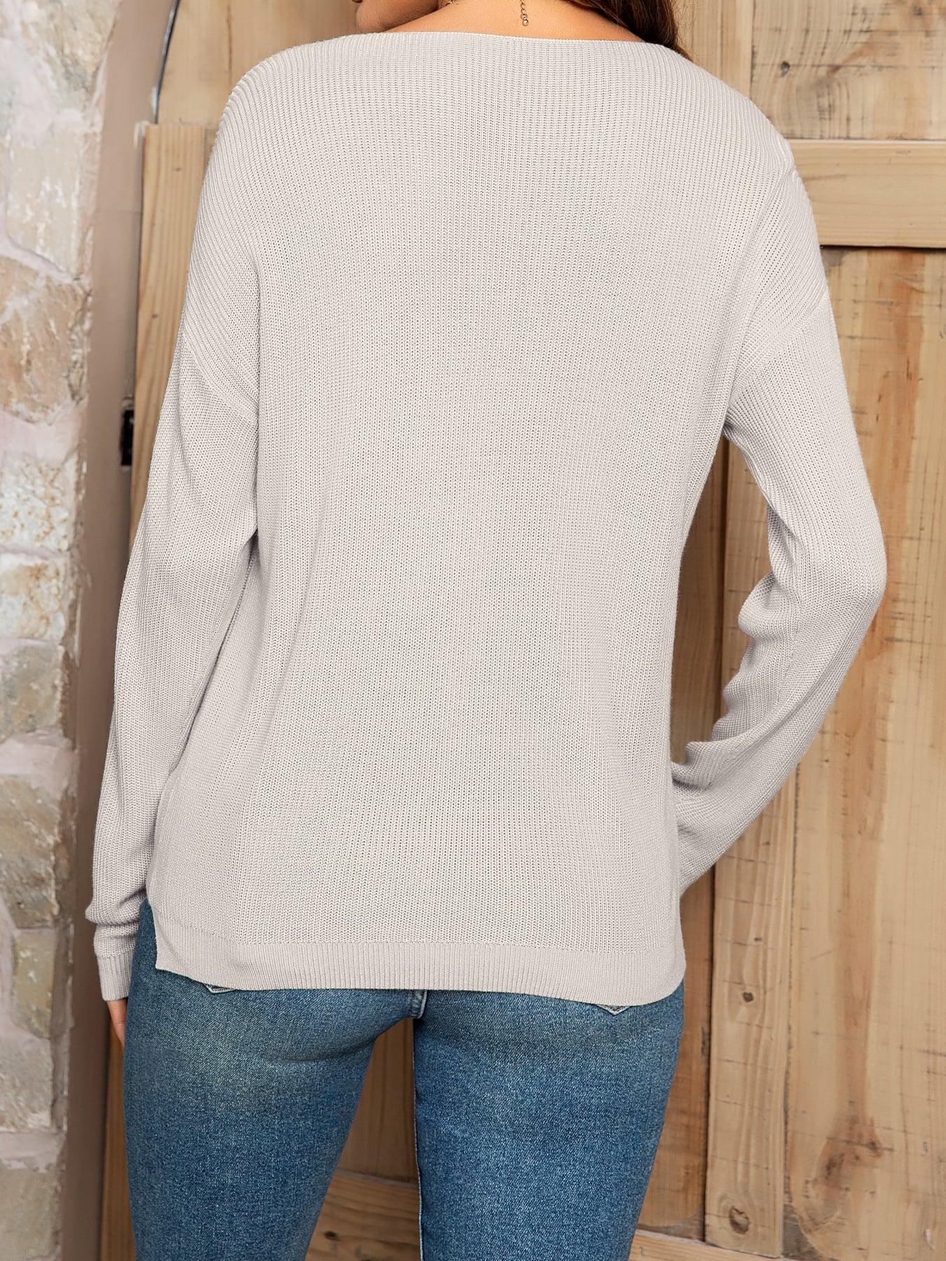 V-Neck Long Sleeve Knit Top with Pocket - Immenzive