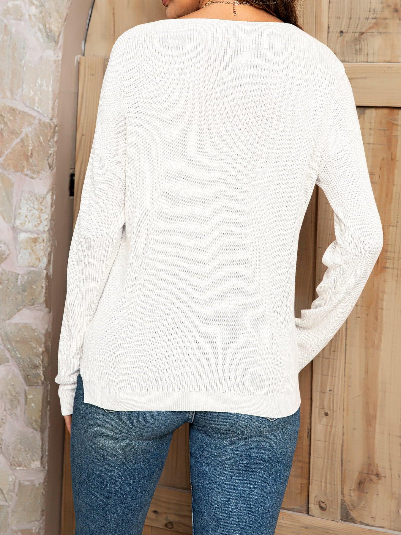 V-Neck Long Sleeve Knit Top with Pocket - Immenzive