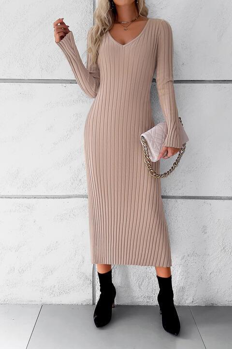V-Neck Long Sleeve Ribbed Sweater Dress - Immenzive