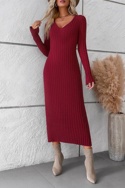 V-Neck Long Sleeve Ribbed Sweater Dress - Immenzive