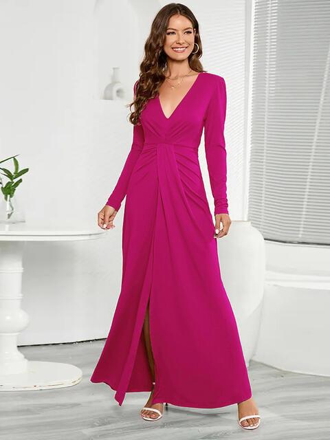 V-Neck Long Sleeve Split Dress - Immenzive