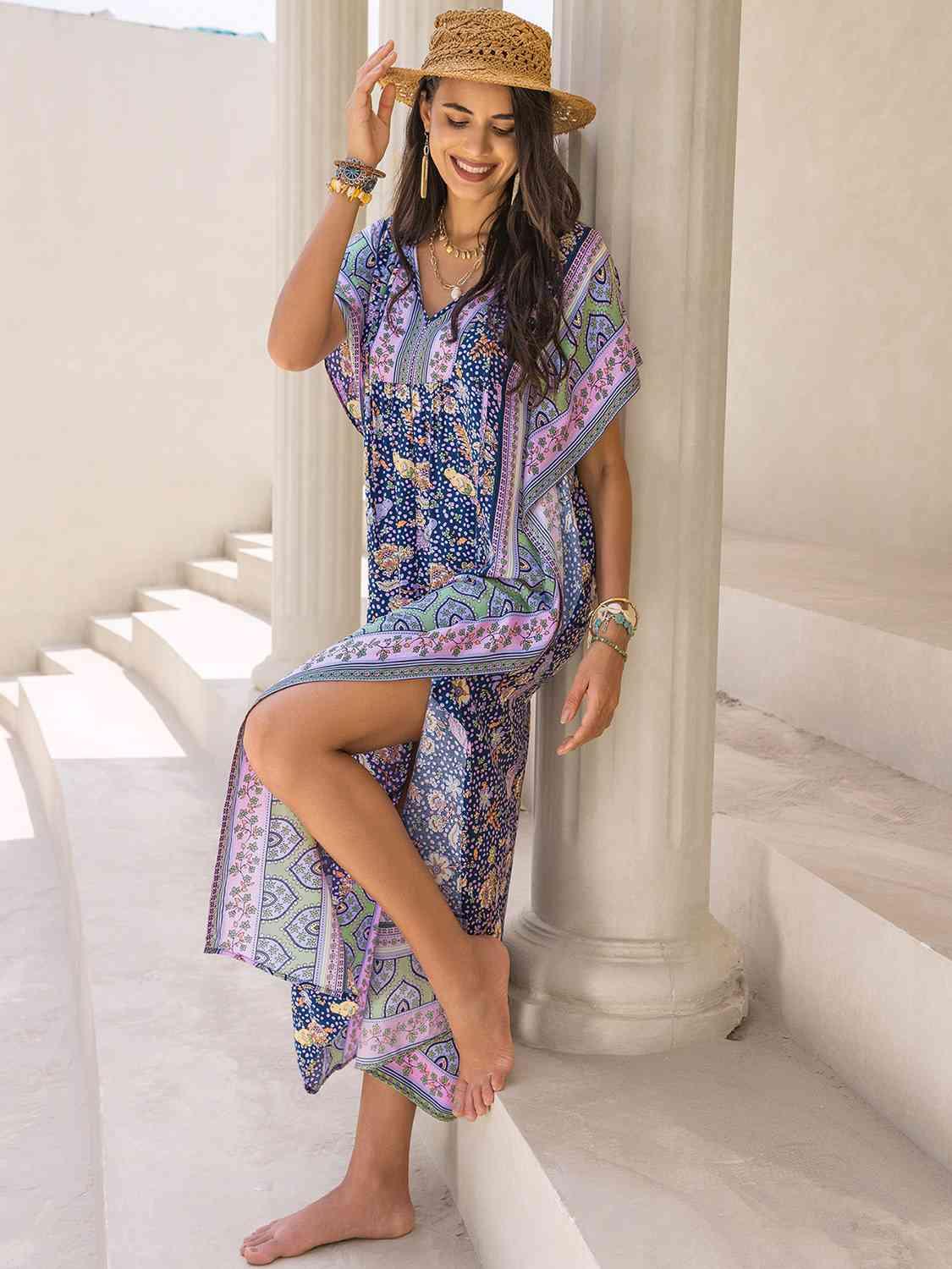 V-Neck Printed Slit Maxi Dress - Immenzive