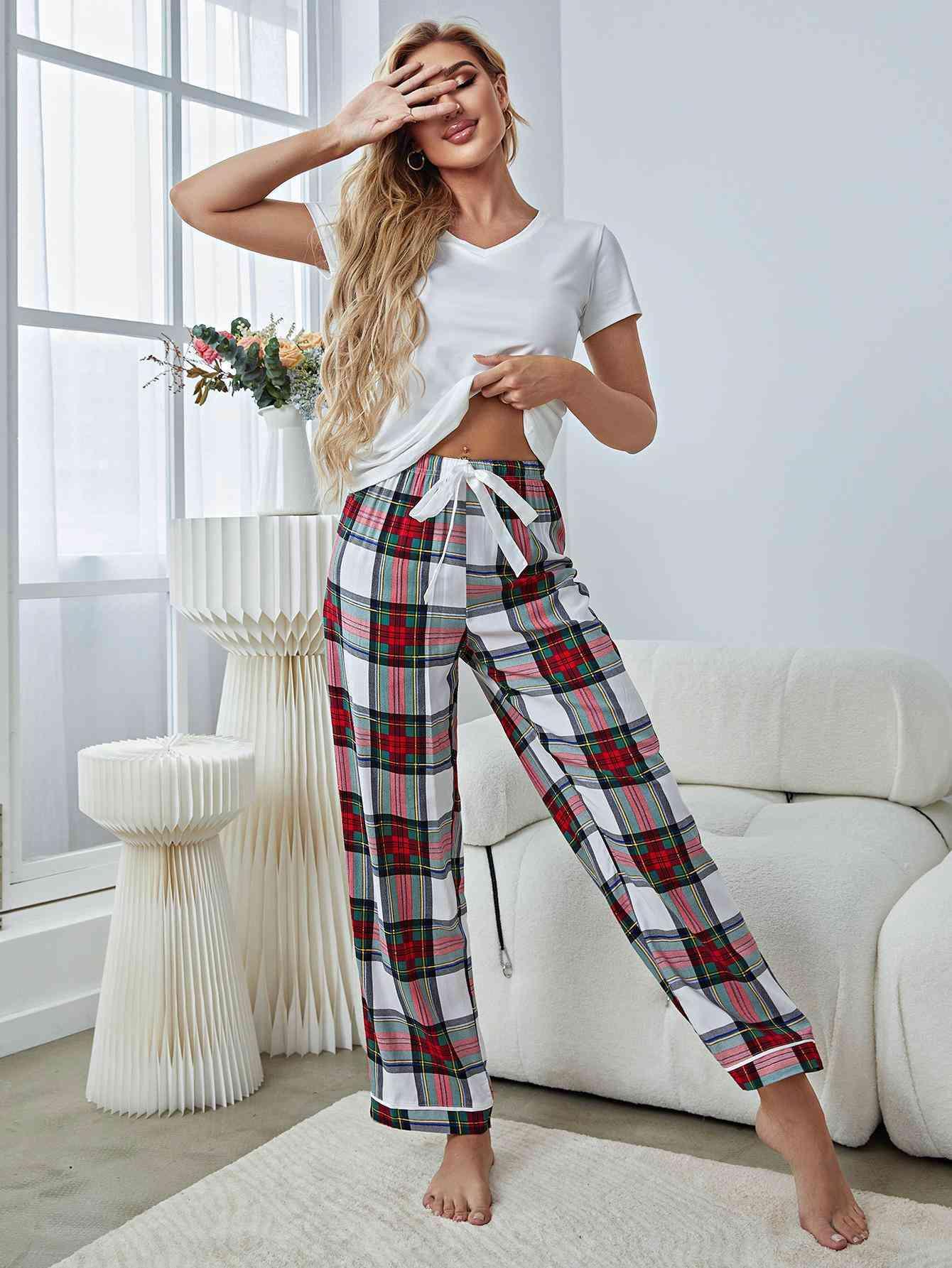 V-Neck Tee and Plaid Pants Lounge Set - Immenzive