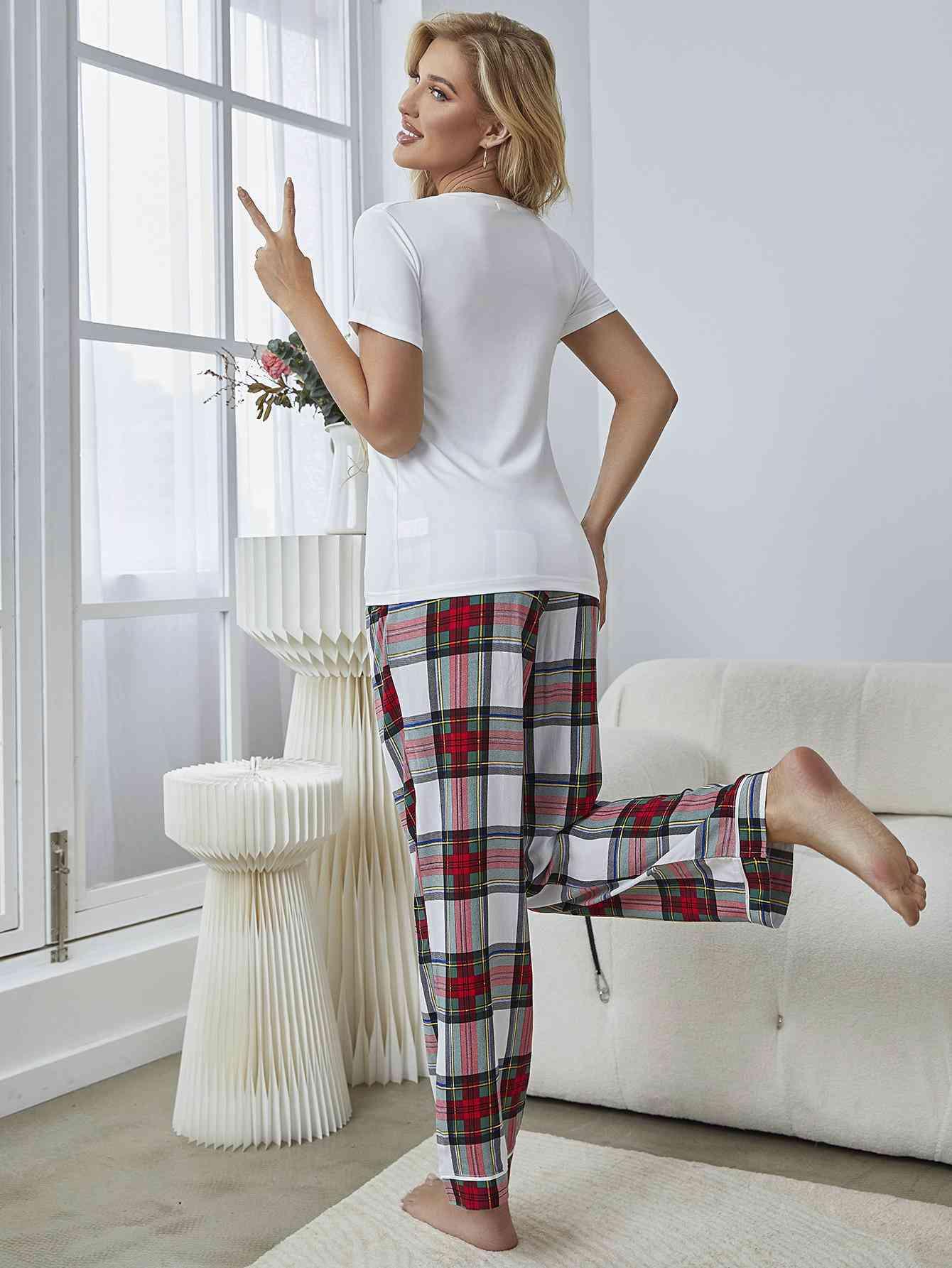 V-Neck Tee and Plaid Pants Lounge Set - Immenzive