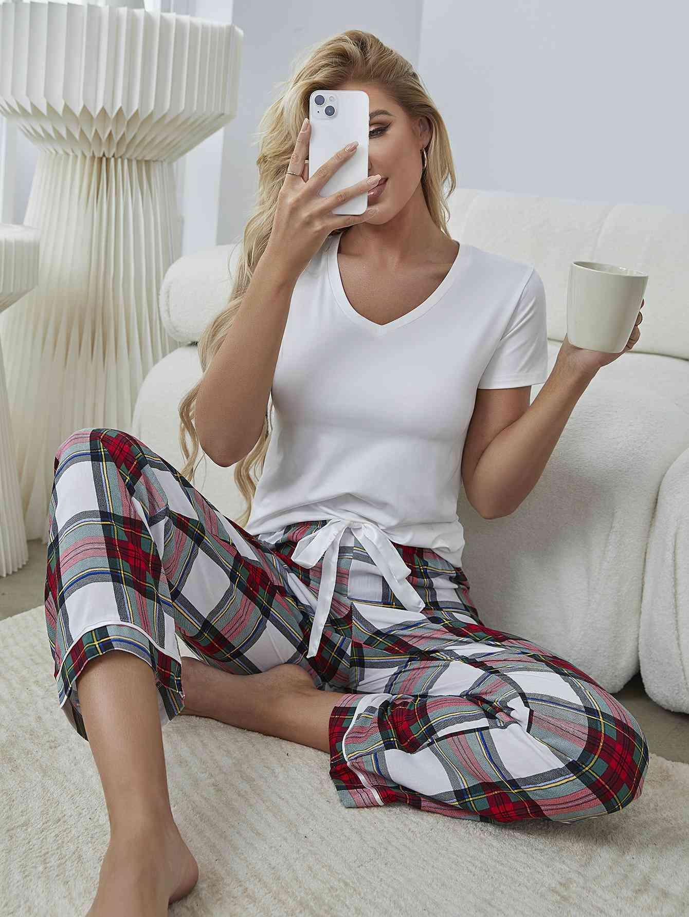 V-Neck Tee and Plaid Pants Lounge Set - Immenzive