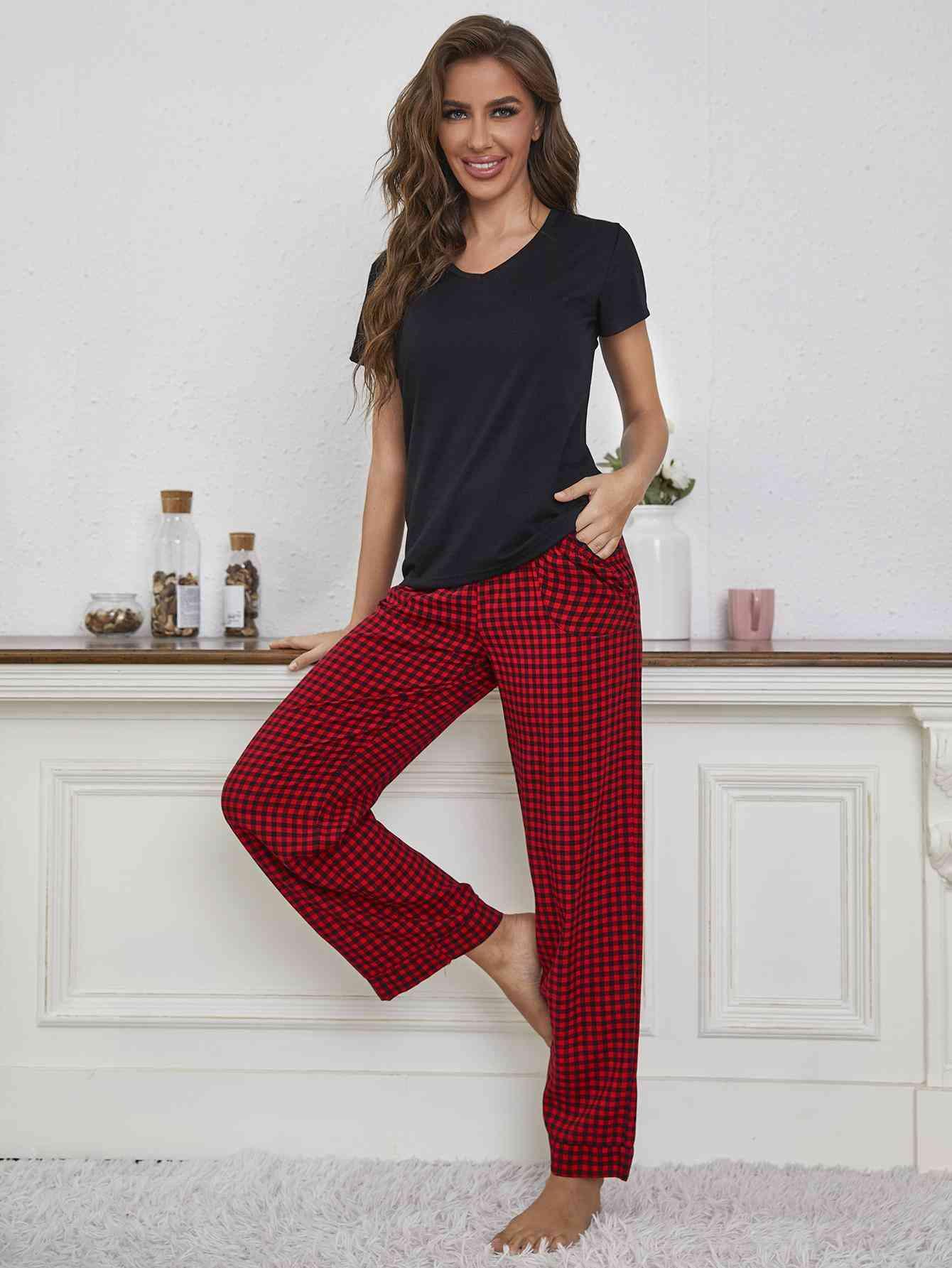 V-Neck Top and Gingham Pants Lounge Set - Immenzive