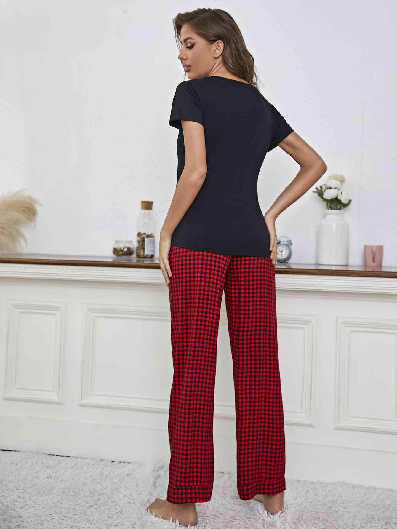V-Neck Top and Gingham Pants Lounge Set - Immenzive
