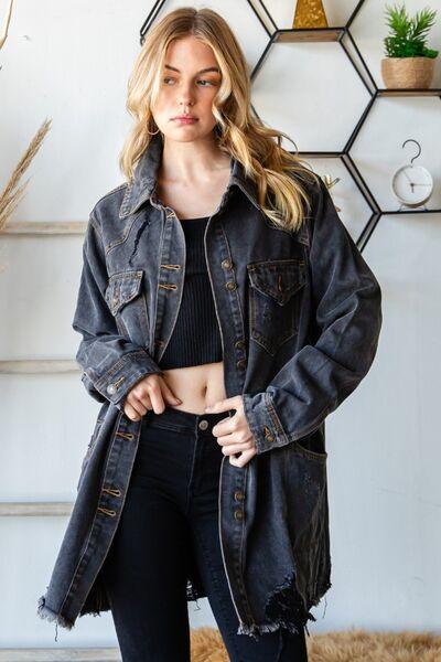 Veveret Button Up Distressed Frayed Hem Denim Jacket - Immenzive