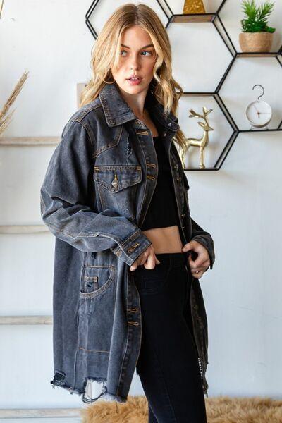 Veveret Button Up Distressed Frayed Hem Denim Jacket - Immenzive