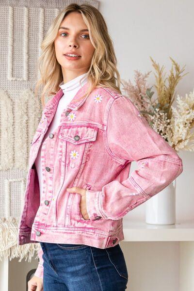 Veveret Daisy Print Button Up Denim Jacket - Immenzive