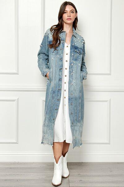 Veveret Full Size Distressed Raw Hem Pearl Detail Button Up Jacket - Immenzive
