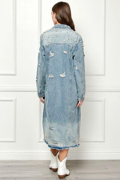 Veveret Full Size Distressed Raw Hem Pearl Detail Button Up Jacket - Immenzive