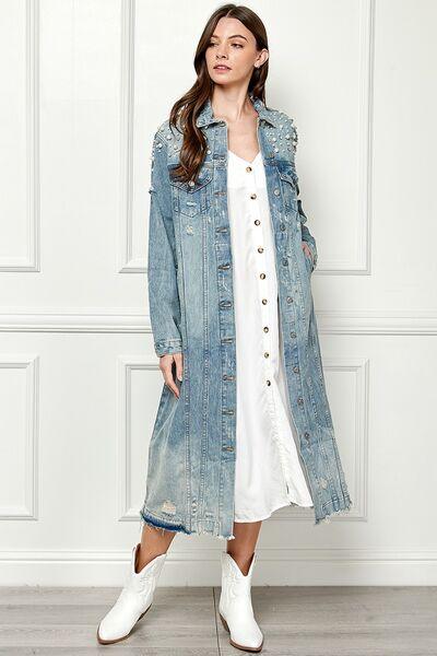Veveret Full Size Distressed Raw Hem Pearl Detail Button Up Jacket - Immenzive