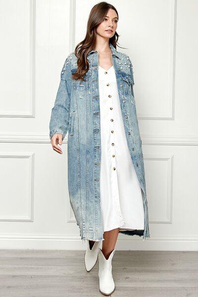 Veveret Full Size Distressed Raw Hem Pearl Detail Button Up Jacket - Immenzive
