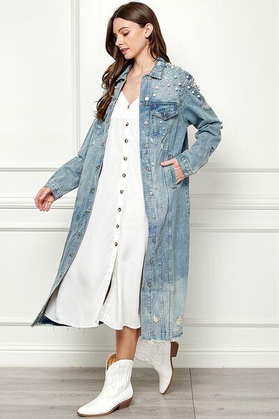 Veveret Full Size Distressed Raw Hem Pearl Detail Button Up Jacket - Immenzive