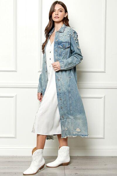 Veveret Full Size Distressed Raw Hem Pearl Detail Button Up Jacket - Immenzive