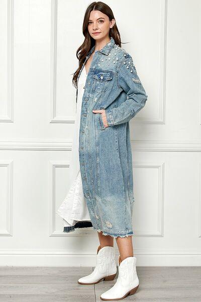 Veveret Full Size Distressed Raw Hem Pearl Detail Button Up Jacket - Immenzive
