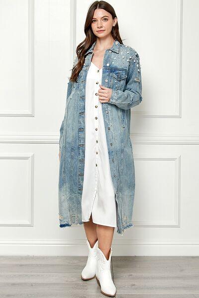 Veveret Full Size Distressed Raw Hem Pearl Detail Button Up Jacket - Immenzive
