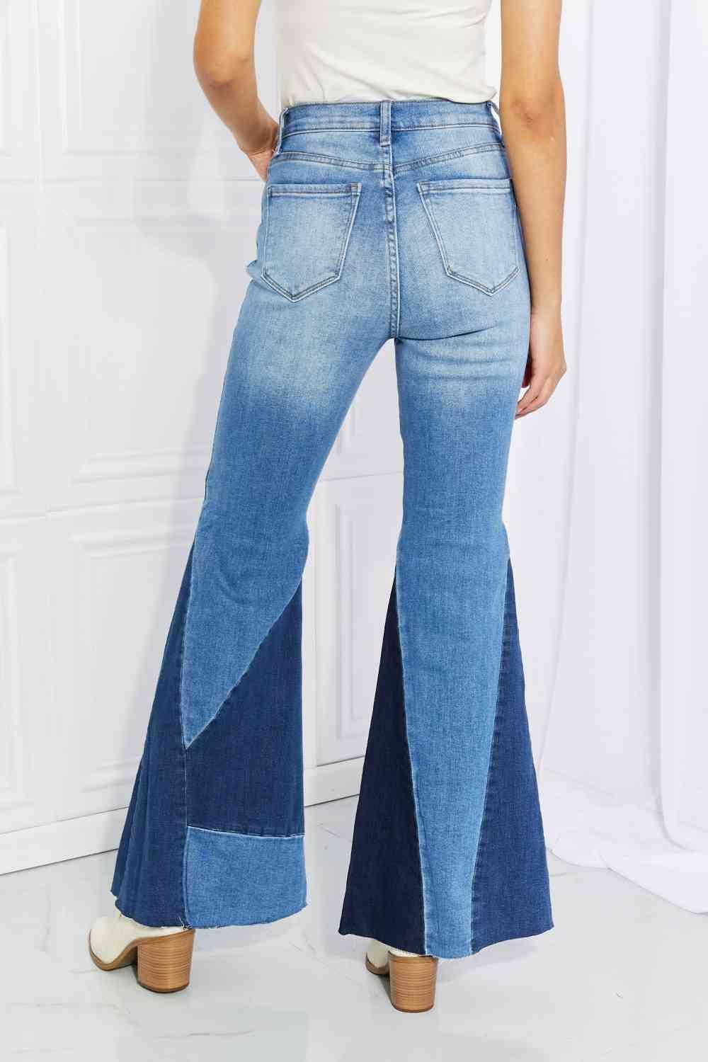 Vibrant Sienna Full Size Color Block Flare Jeans - Immenzive