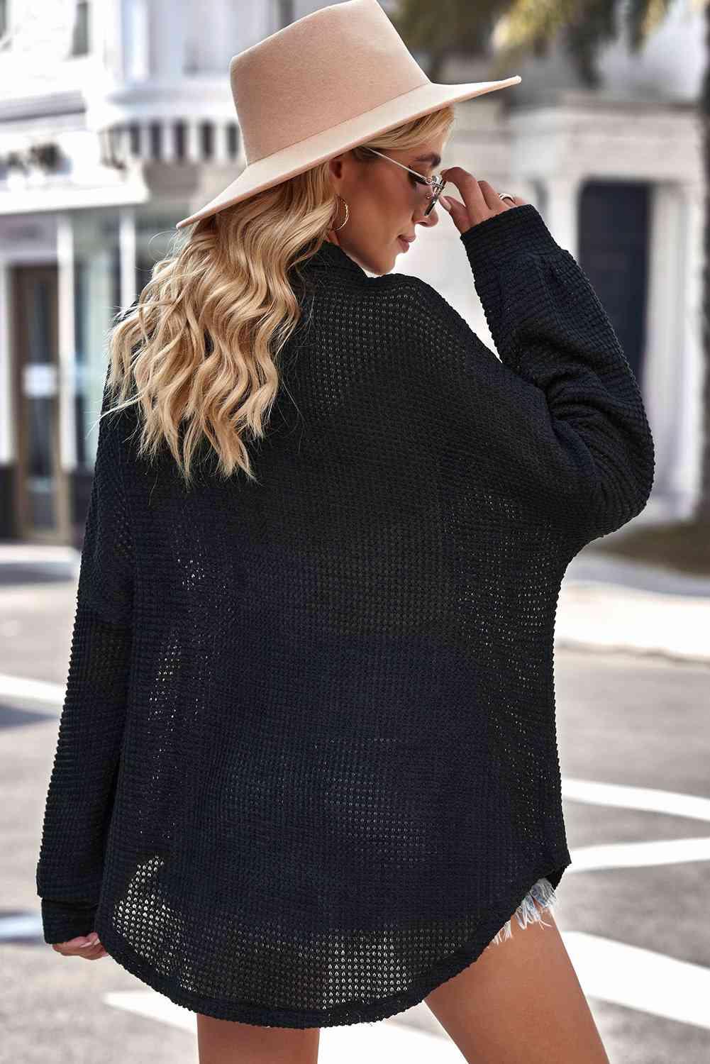 Waffle-Knit Collared Neck Dropped Shoulder Shirt - Immenzive