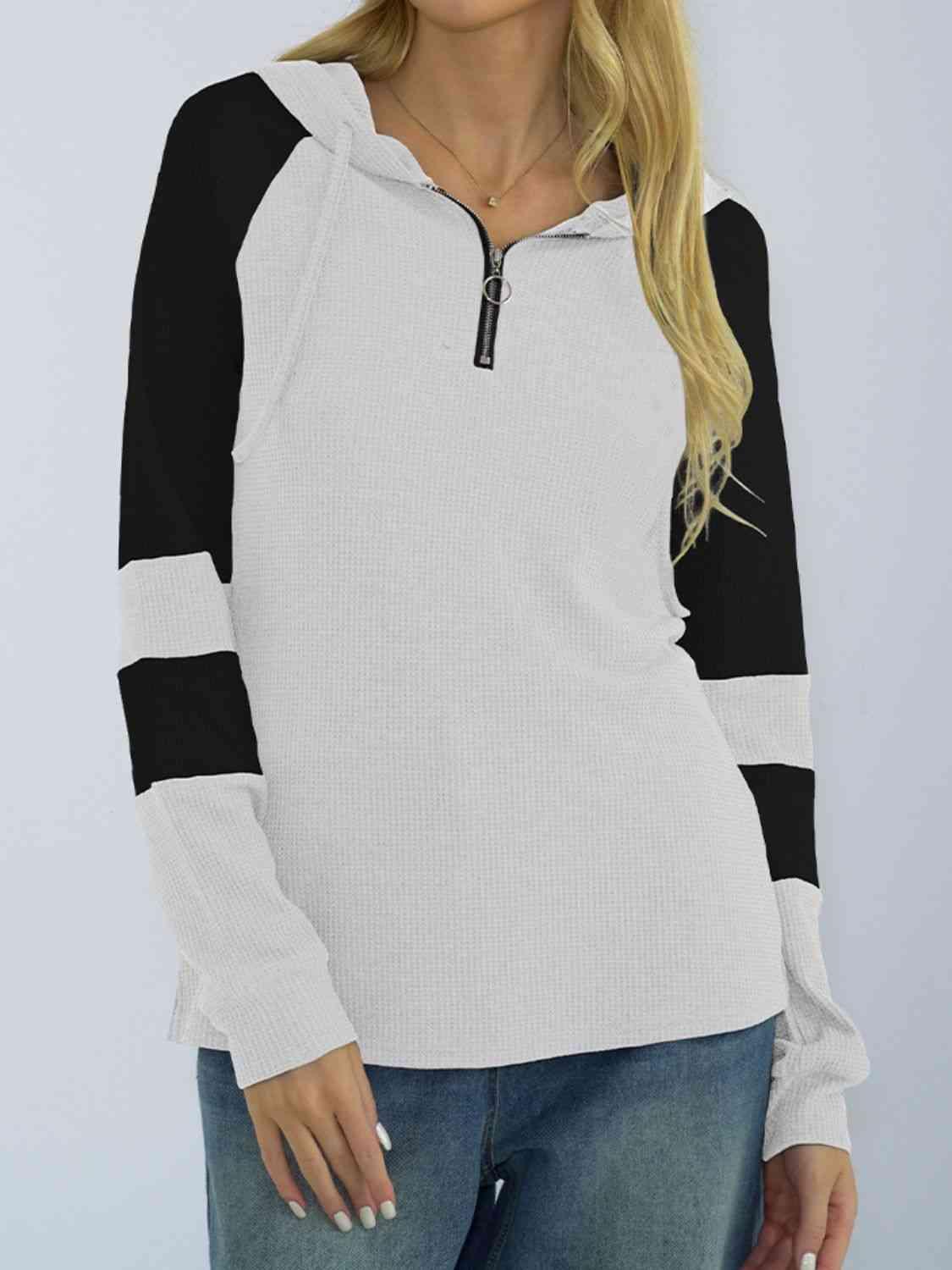 Waffle-Knit Raglan Sleeve Zipper Front Hoody - Immenzive