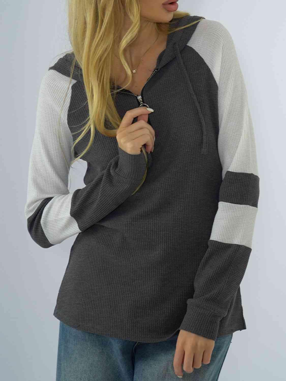 Waffle-Knit Raglan Sleeve Zipper Front Hoody - Immenzive
