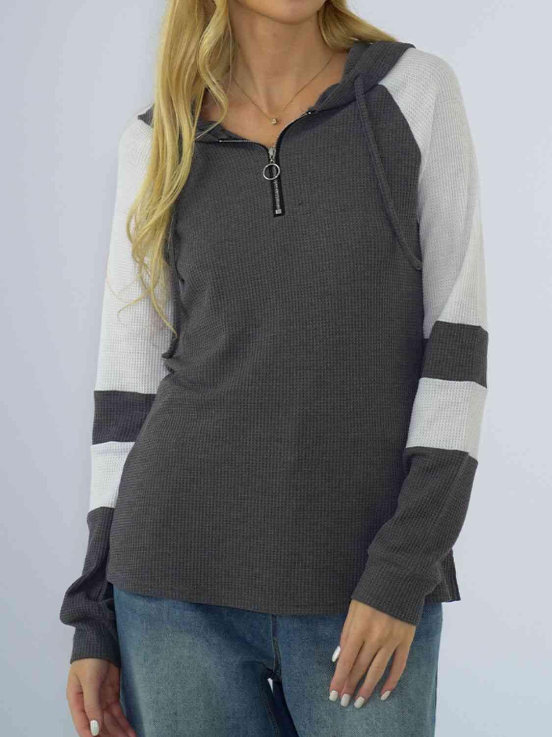 Waffle-Knit Raglan Sleeve Zipper Front Hoody - Immenzive