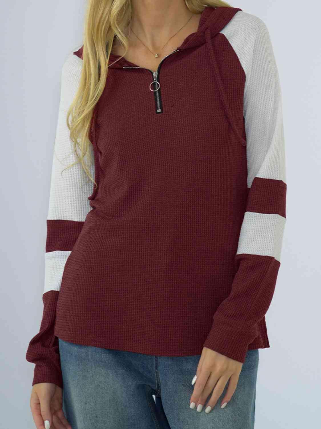 Waffle-Knit Raglan Sleeve Zipper Front Hoody - Immenzive