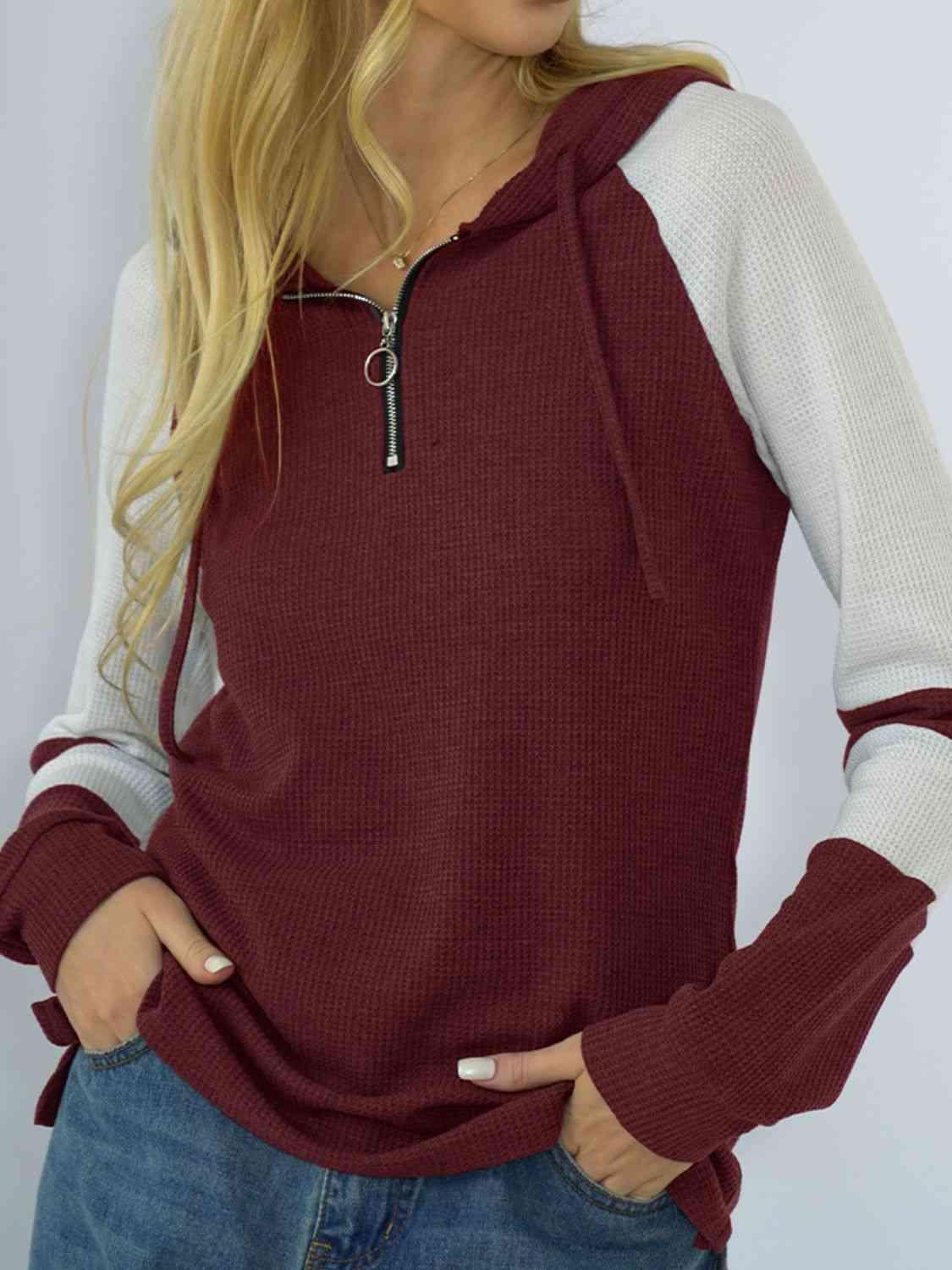 Waffle-Knit Raglan Sleeve Zipper Front Hoody - Immenzive