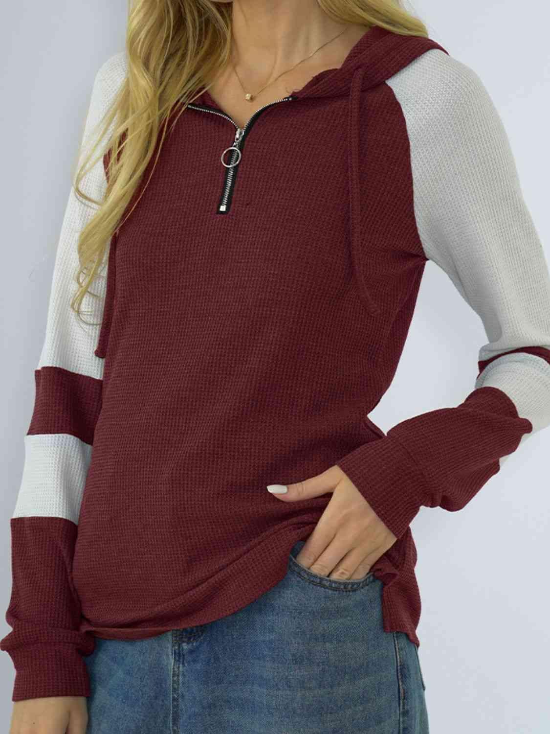 Waffle-Knit Raglan Sleeve Zipper Front Hoody - Immenzive