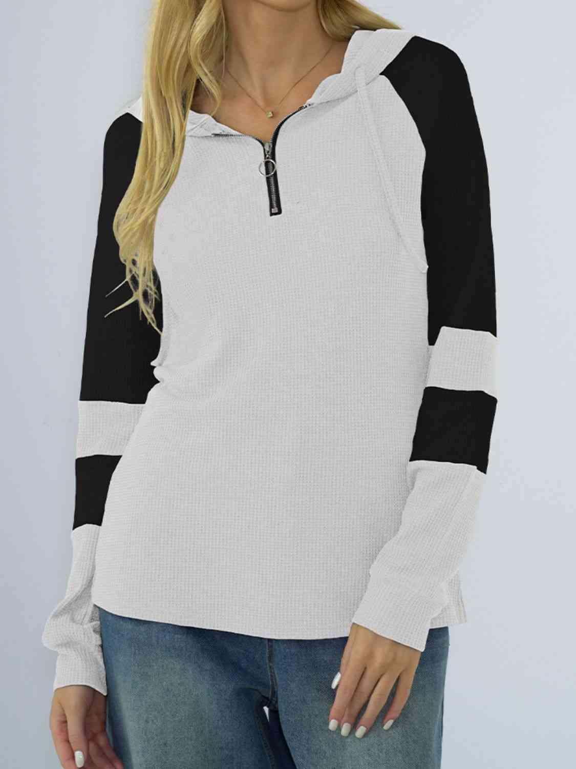 Waffle-Knit Raglan Sleeve Zipper Front Hoody - Immenzive