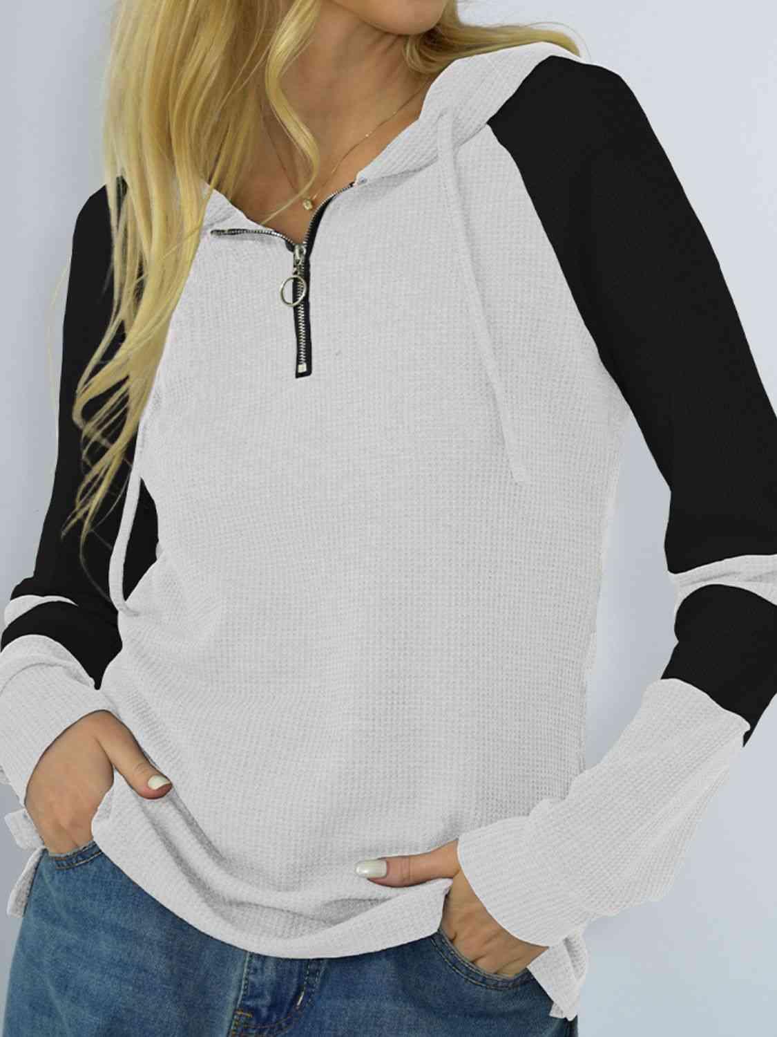 Waffle-Knit Raglan Sleeve Zipper Front Hoody - Immenzive