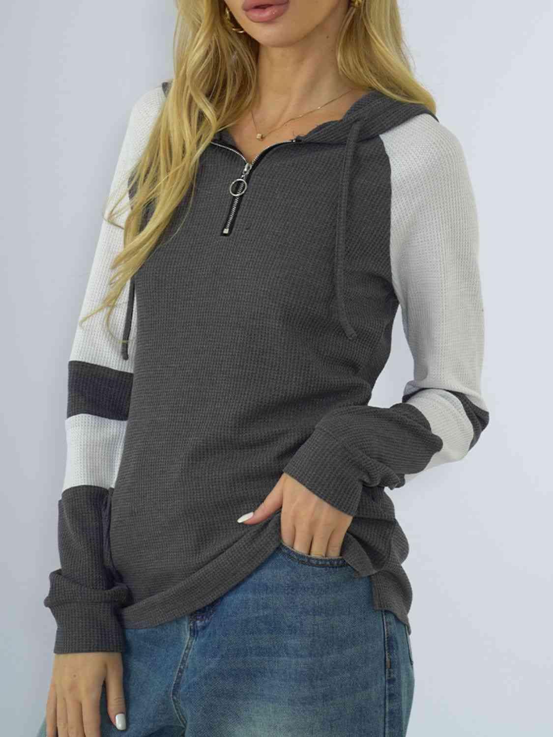 Waffle-Knit Raglan Sleeve Zipper Front Hoody - Immenzive