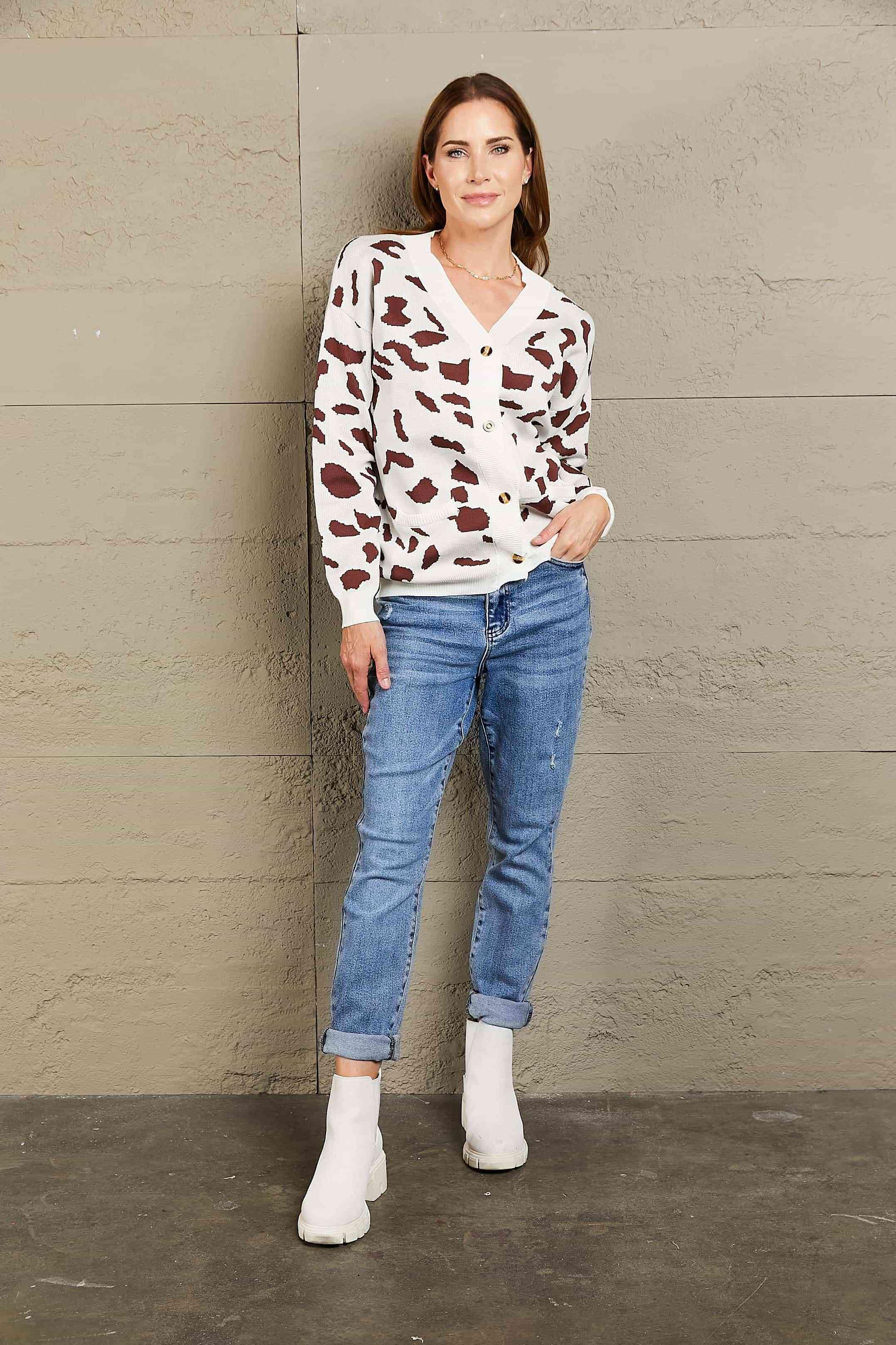 Woven Right Animal Print Button Front Sweater Cardigan - Immenzive