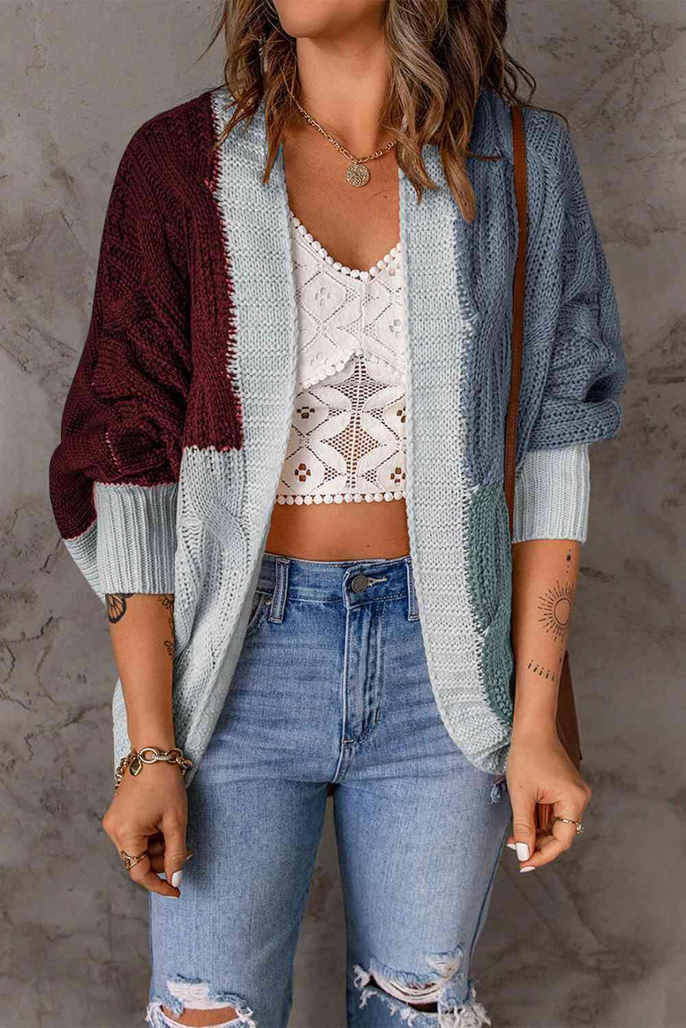 Woven Right Color Block Cable-Knit Batwing Sleeve Cardigan - Immenzive