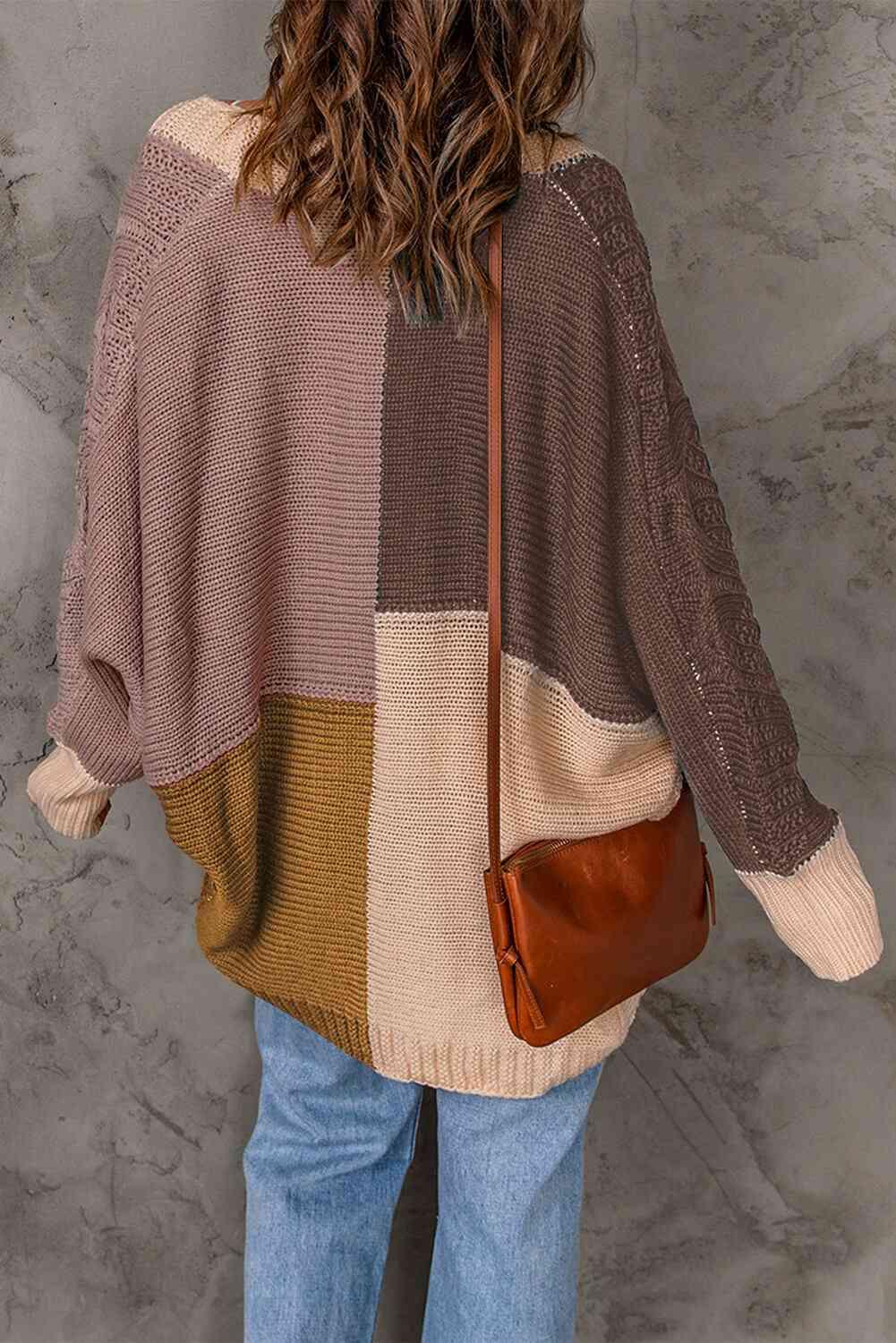 Woven Right Color Block Cable-Knit Batwing Sleeve Cardigan - Immenzive
