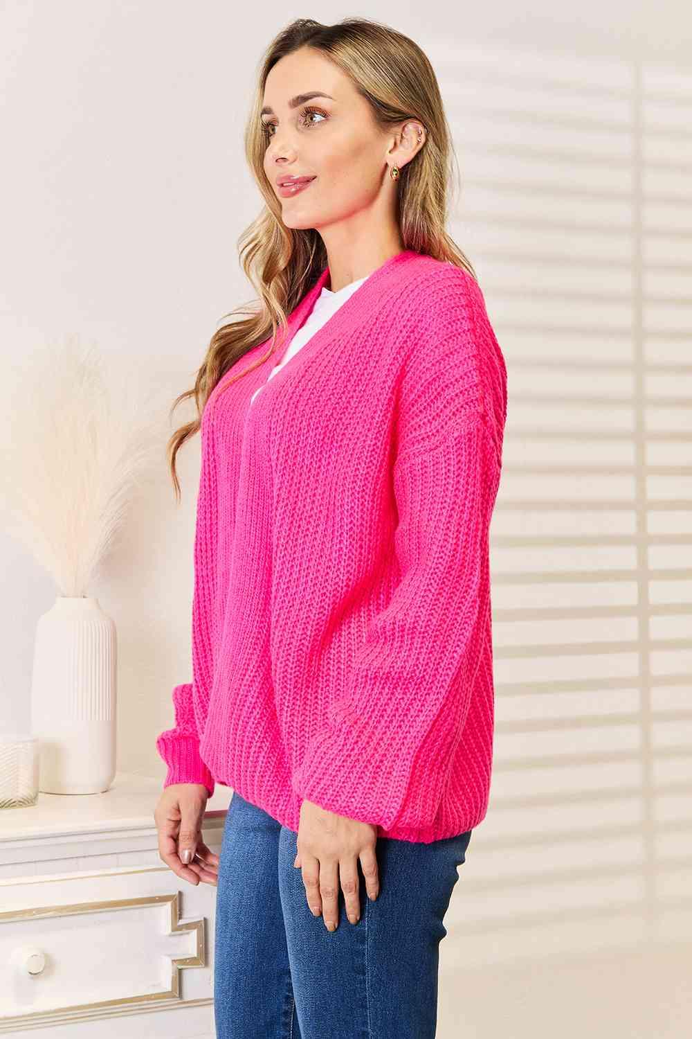 Woven Right Rib-Knit Open Front Drop Shoulder Cardigan - Immenzive
