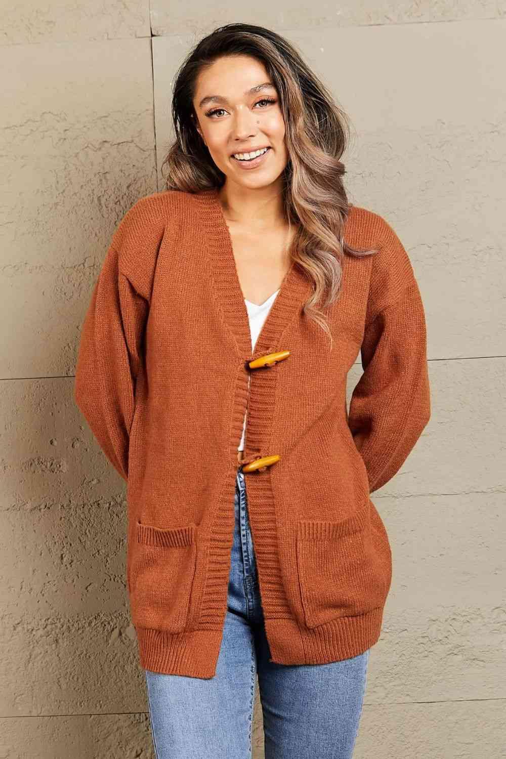 Woven Right Toggle Closure Ribbed Trim Dropped Shoulder Cardigan - Immenzive