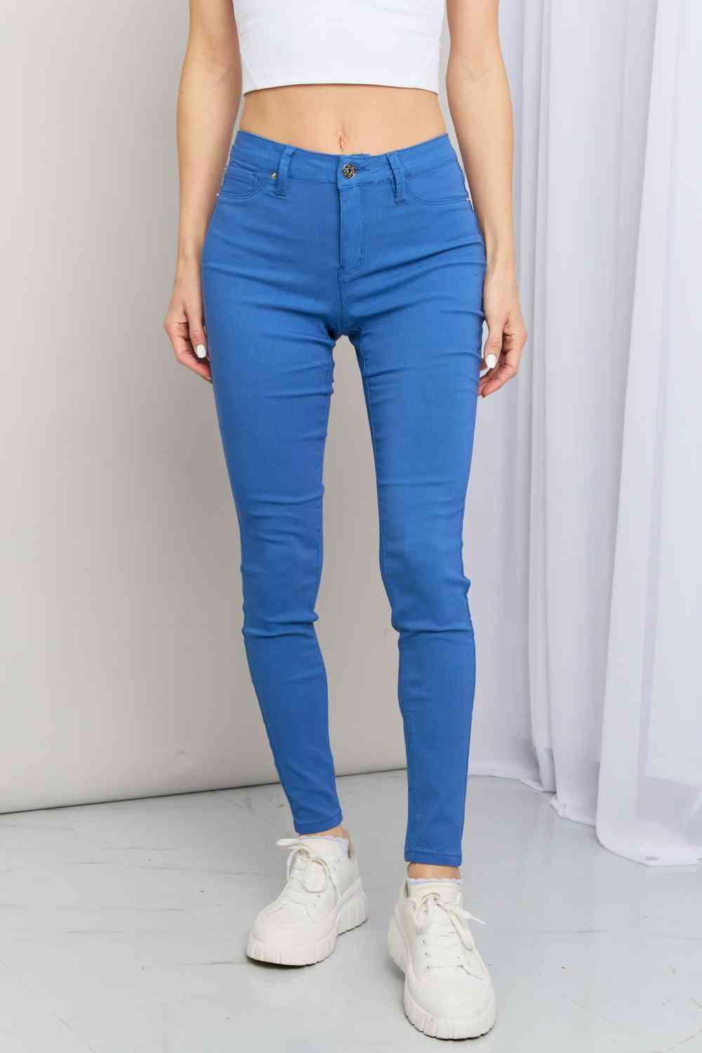 YMI Jeanswear Kate Hyper-Stretch Full Size Mid-Rise Skinny Jeans in Electric Blue - Immenzive