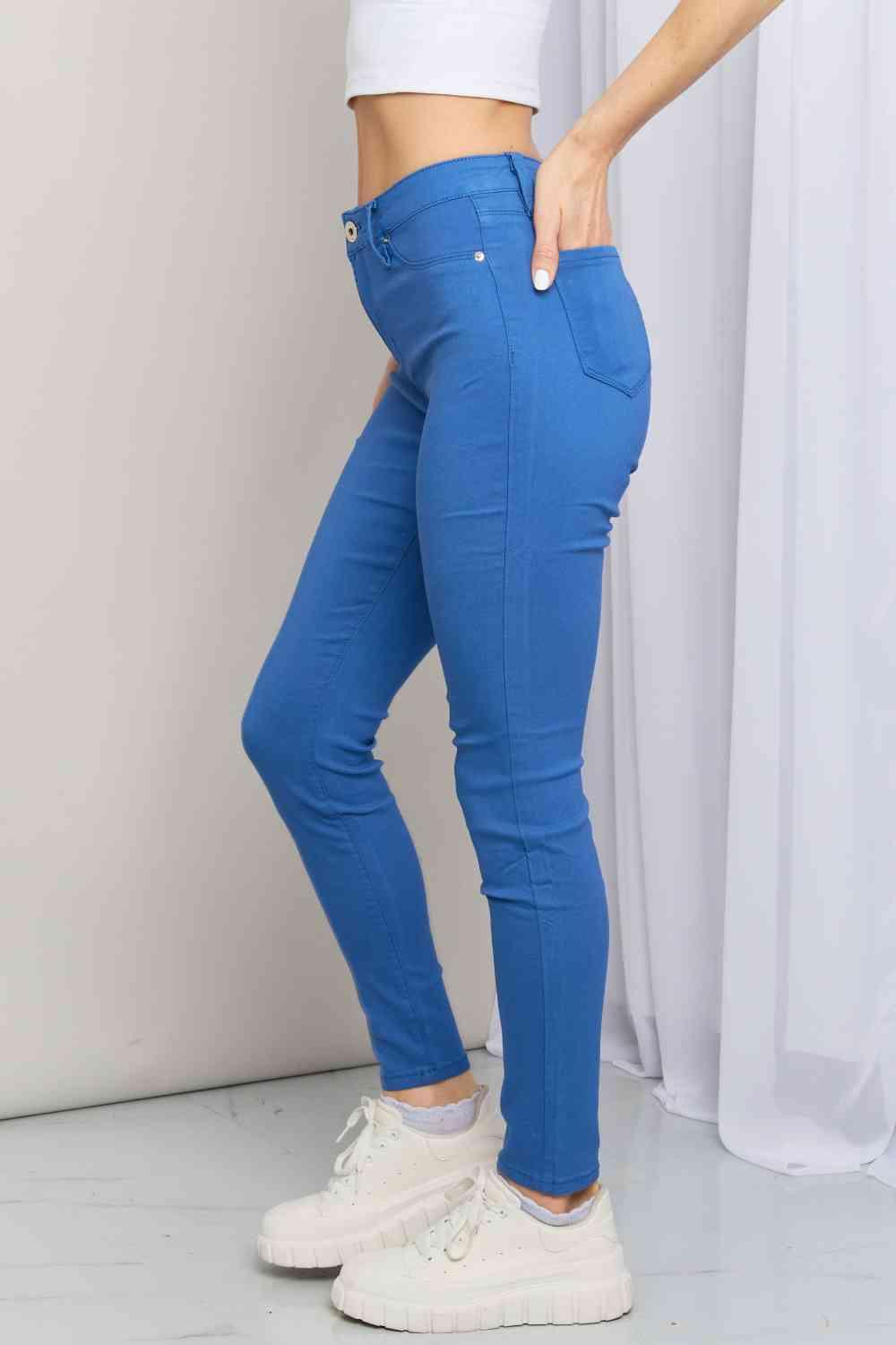 YMI Jeanswear Kate Hyper-Stretch Full Size Mid-Rise Skinny Jeans in Electric Blue - Immenzive