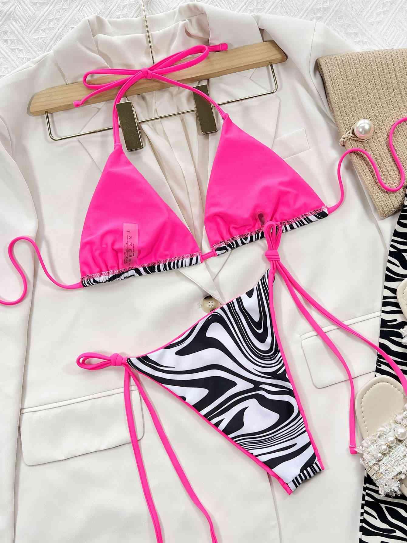 Zebra Print Halter Neck Tie Side Bikini Set - Immenzive
