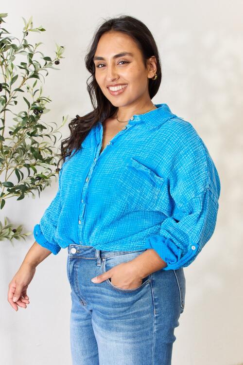 Zenana Full Size Washed Raw Trim Button Down Shirt - Immenzive