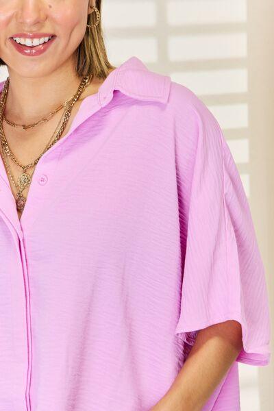 Zenana Texture Button Up Short Sleeve High-Low Shirt - Immenzive